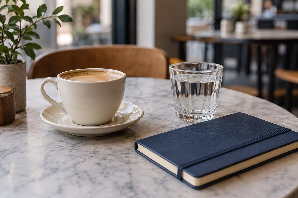 Café e água sobre uma mesa, ao lado de um caderno azul-marinho.