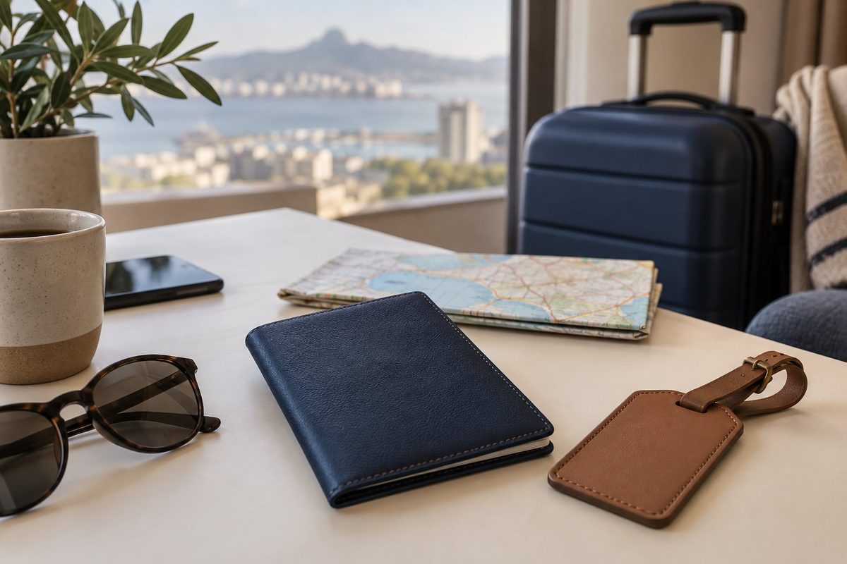 Objetos de viagem organizados sobre uma mesa clara, com mala ao fundo.