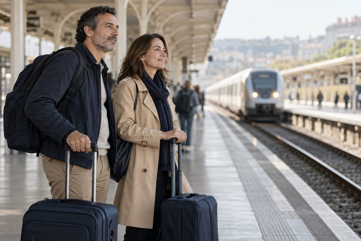 Dois viajantes esperam um trem em uma plataforma coberta.