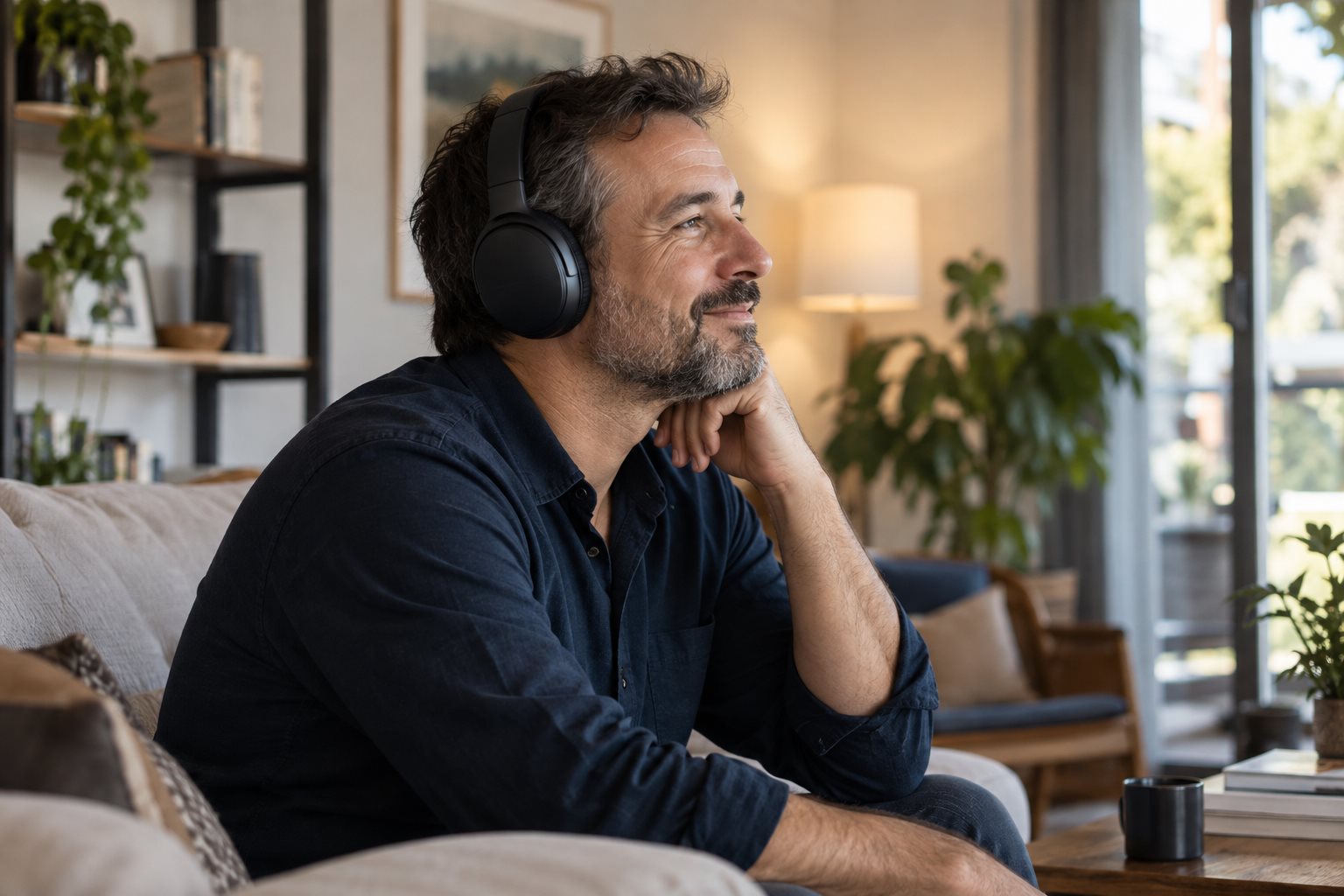 Homem escuta música com fones em uma sala iluminada por luz natural.