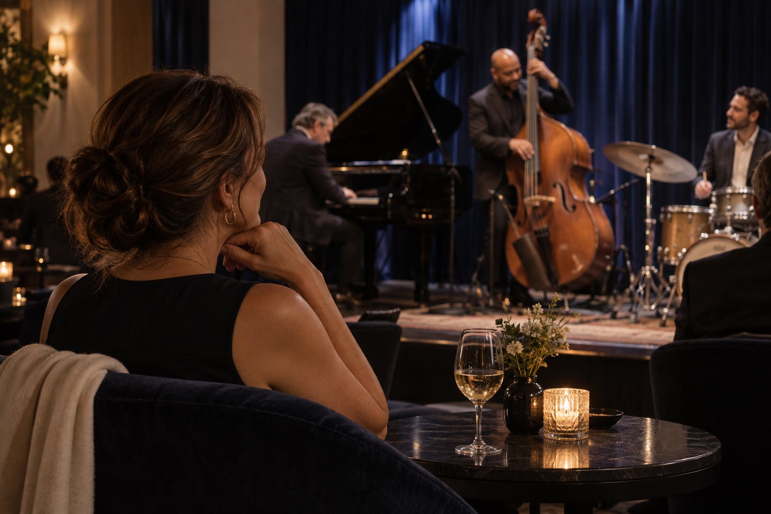 Mulher acompanha uma apresentação de jazz em um ambiente intimista.