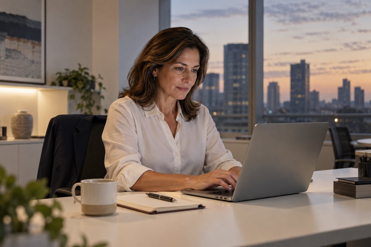 Profissional continua trabalhando em um computador ao entardecer.