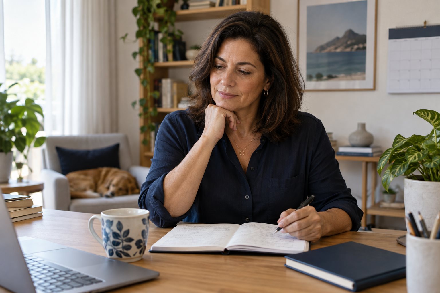 Mulher revisa anotações em um caderno aberto sobre a mesa de trabalho.