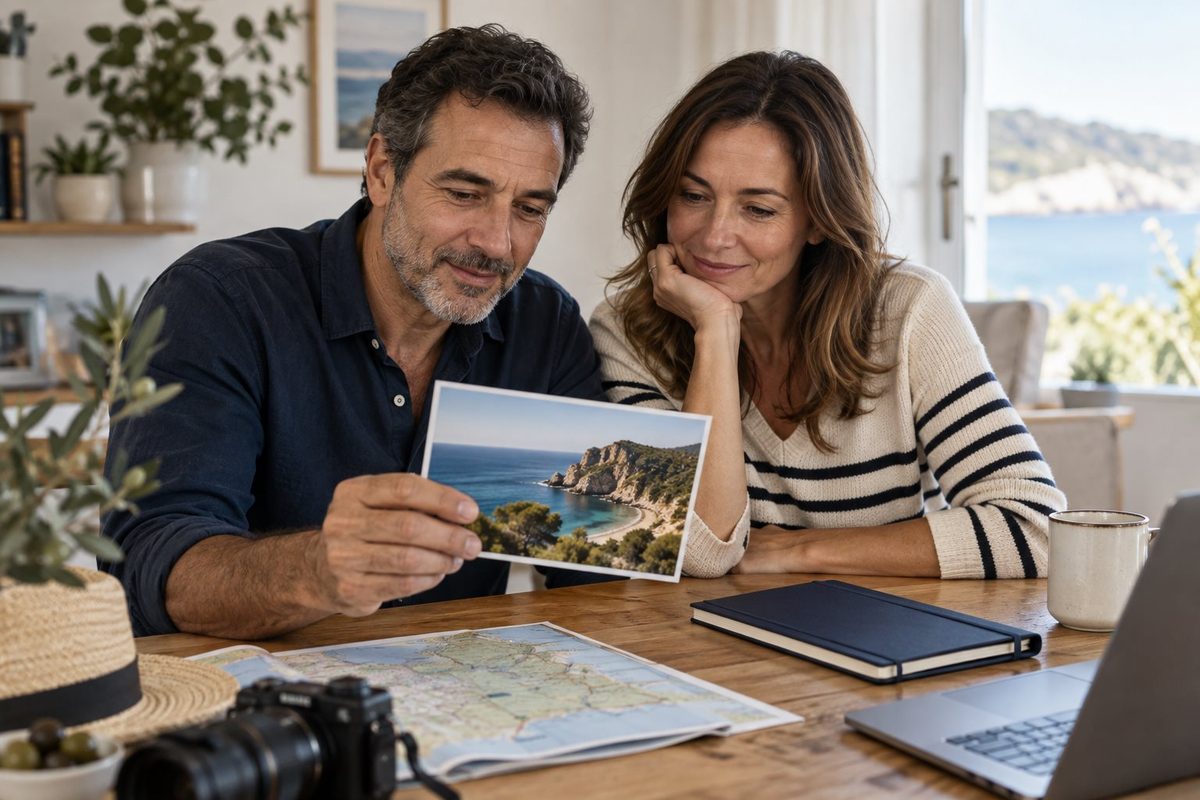 Casal observa uma fotografia de viagem sobre a mesa.