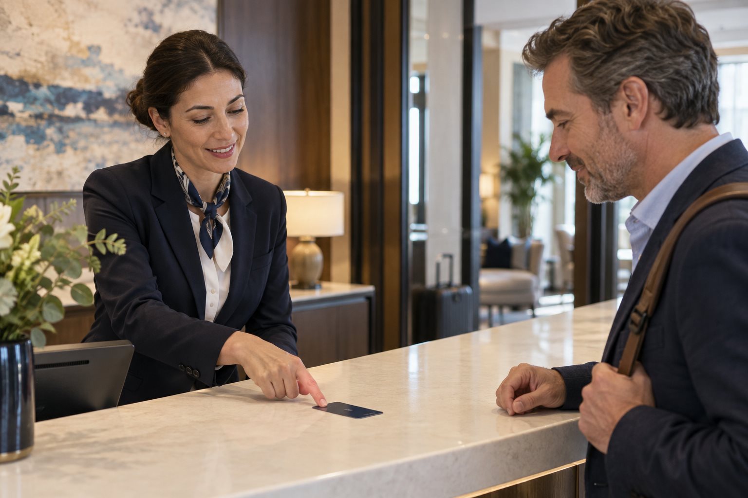 Recepcionista entrega um cartão de acesso a uma hóspede em um hotel.