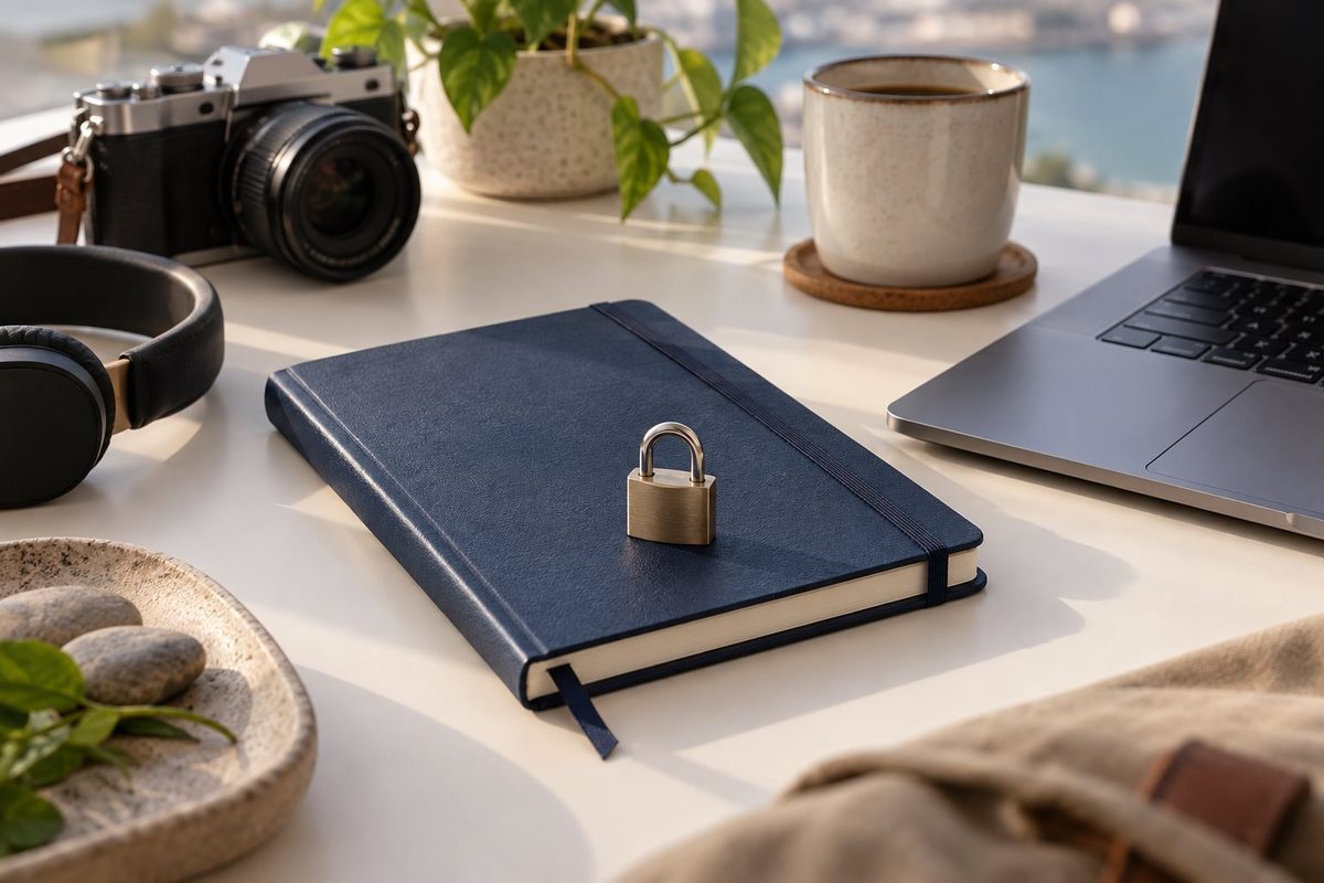 Cadeado pequeno sobre um caderno azul-marinho ao lado de um notebook.