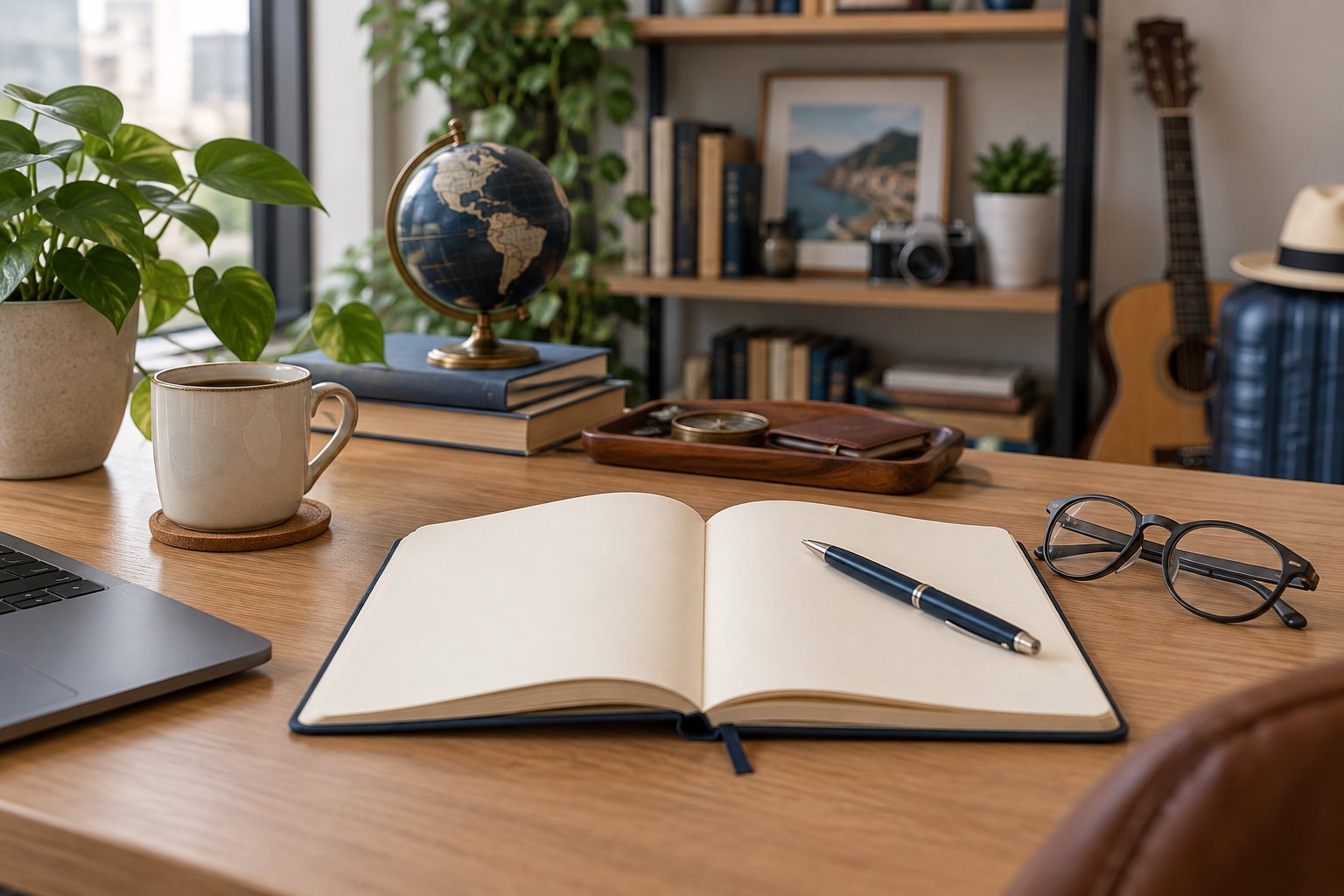 Caderno aberto, caneta e óculos em uma mesa de estudo sóbria.