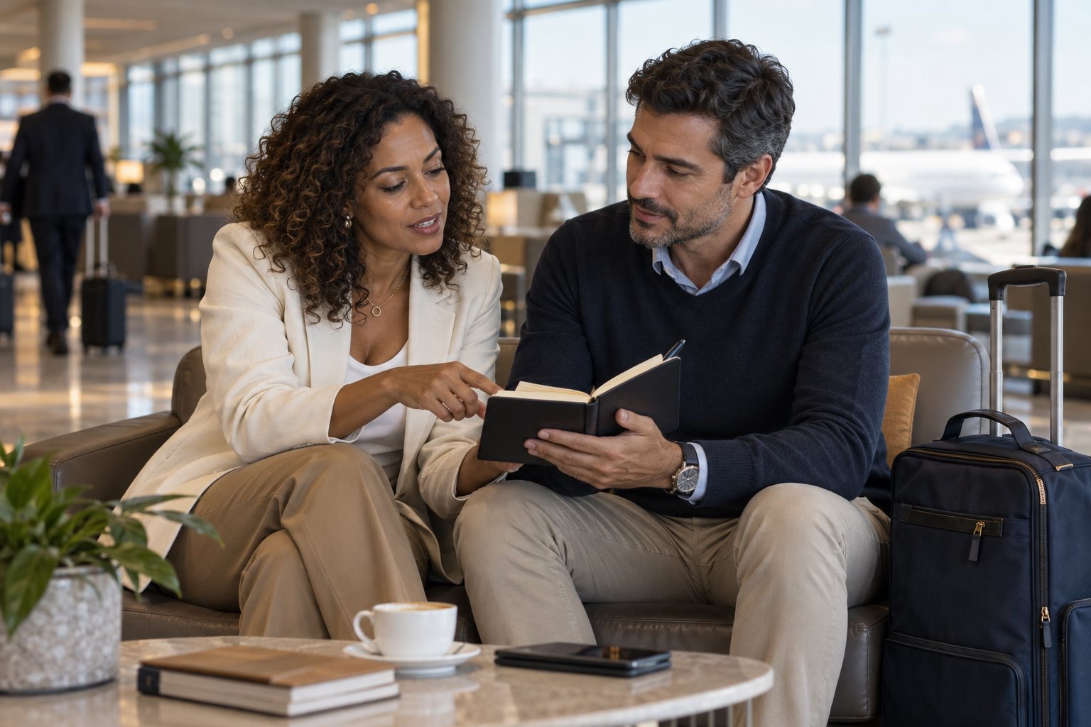 Adultos conversam em um ambiente de trabalho com luz natural.